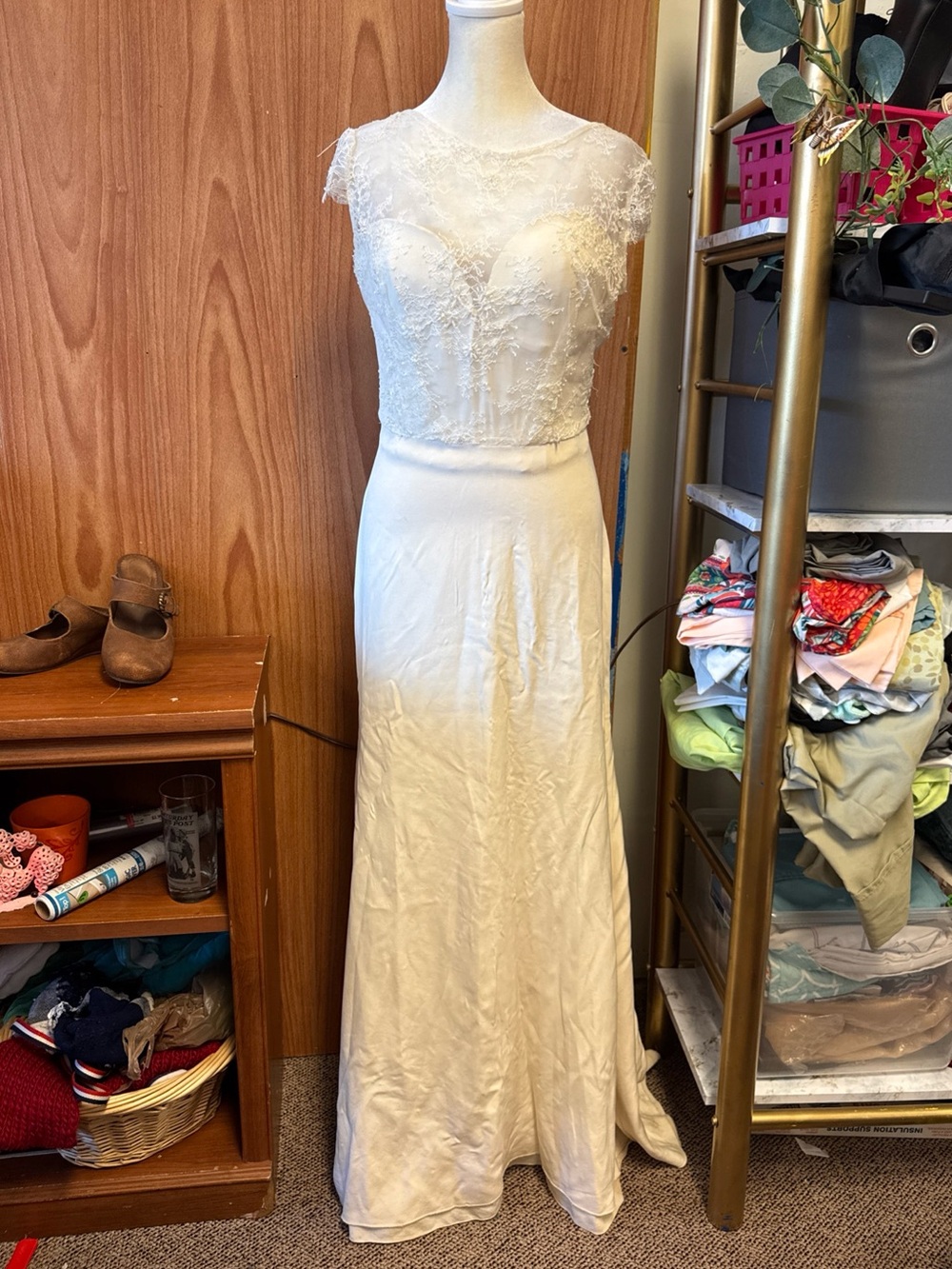Handmade Wedding Dress Lace Top Open Back S Small STAINED HEM